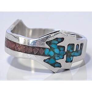 Vintage Native American 925 Silver Ring Turquoise Coral Inlay Southwestern